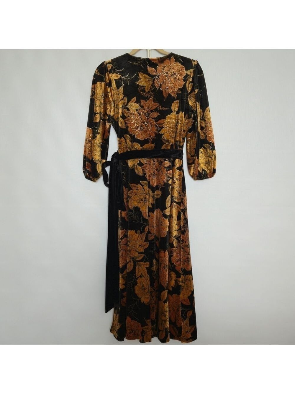 LENA Dress Full-Wrap Women NWT Black Gold Long Sleeve Floral Fall Festive Small - Picture 3 of 14